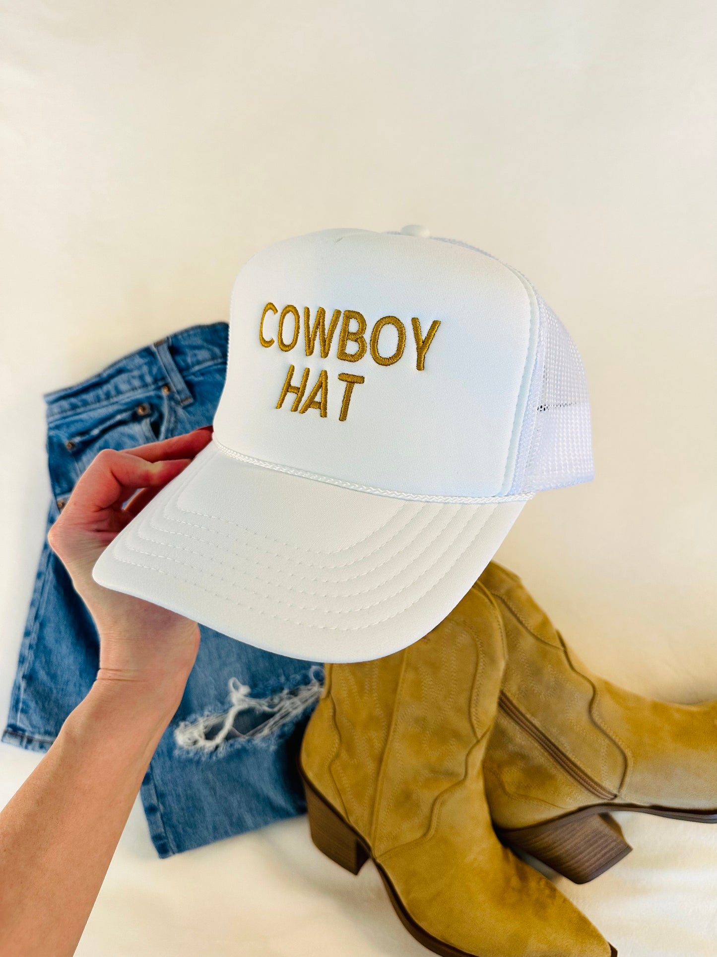 Cowboy Hat Foam Trucker Hat | Embroidery Detail | White