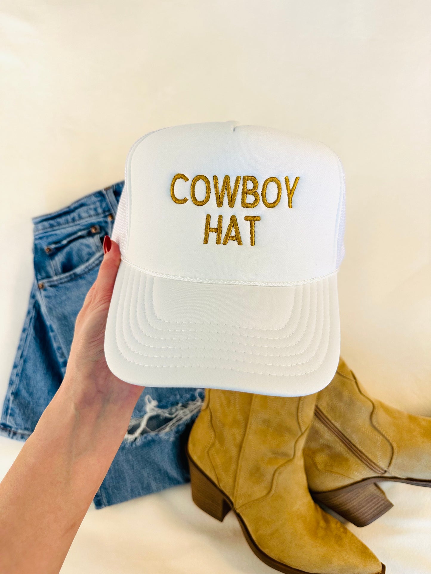 Cowboy Hat Foam Trucker Hat | Embroidery Detail | White