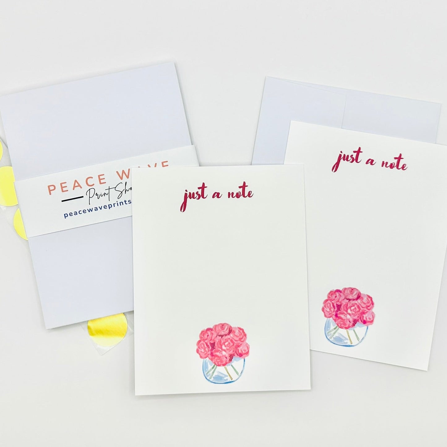Set of greeting cards with floral designs and text on a white background 'just a note' stationery set with envelopes and gold sticker envelope seals