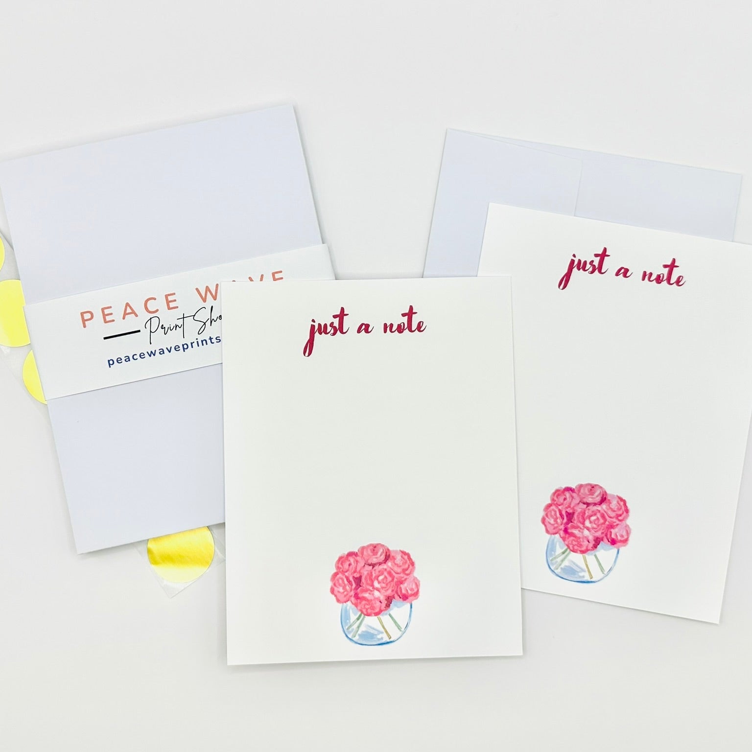 Set of greeting cards with floral designs and text on a white background 'just a note' stationery set with envelopes and gold sticker envelope seals