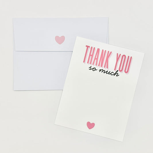 Greeting card with 'Thank you so much' text and pink hearts on a white background