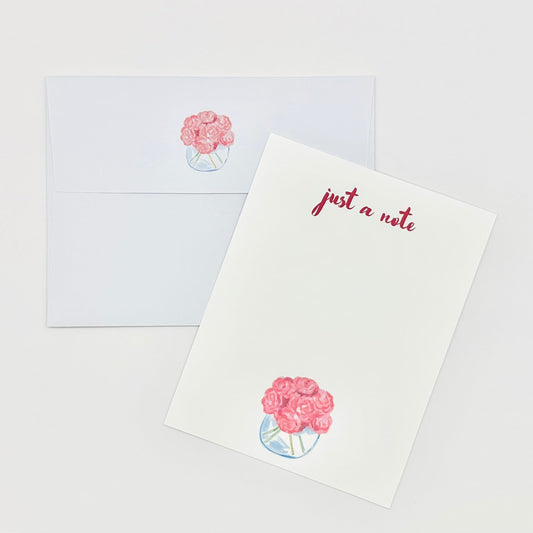 Note cards with floral designs and 'just a note' text on a white background