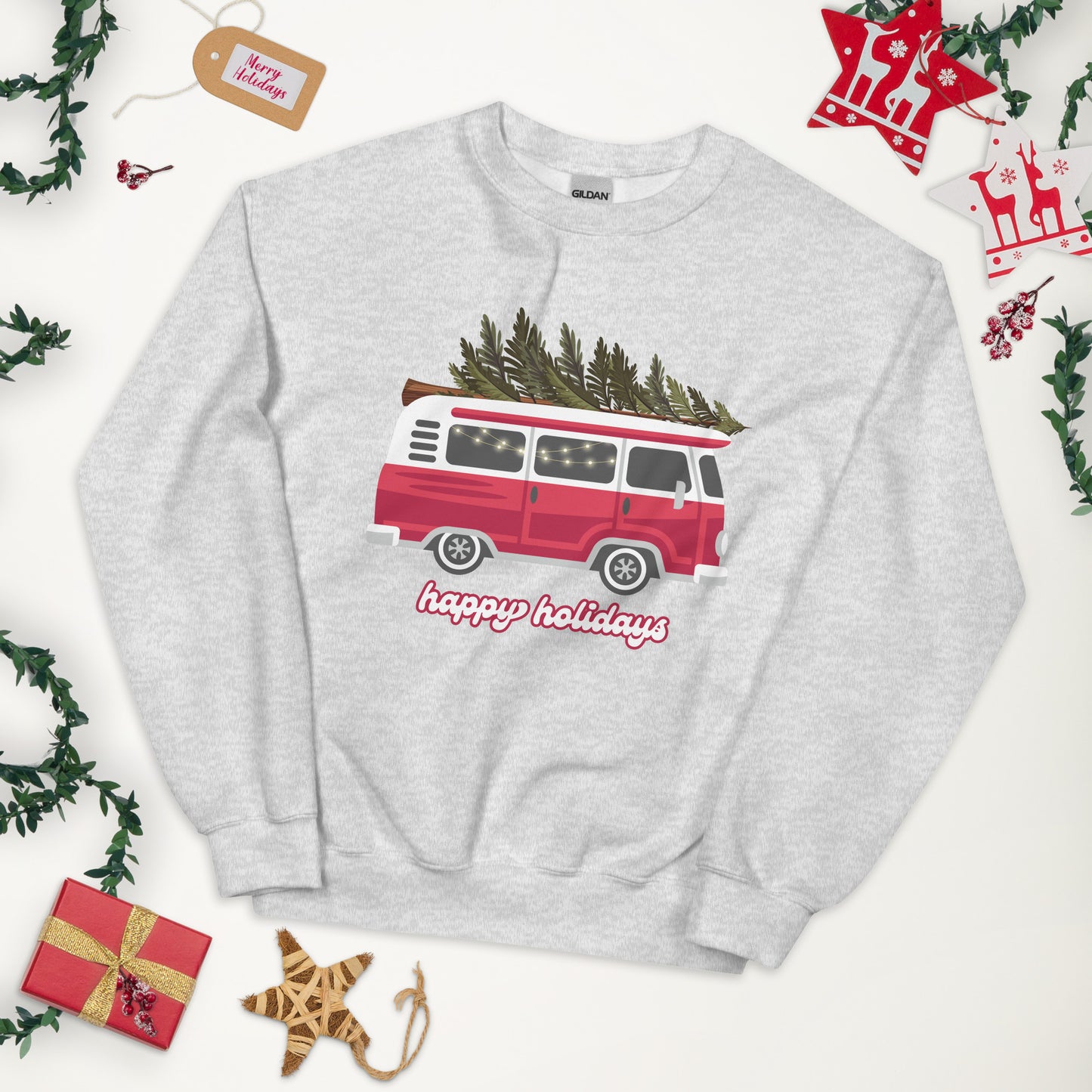 Happy Holidays Retro Crewneck | Unisex Sweatshirt | Light Grey