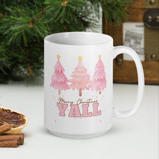 Merry Christmas Y'all Pink Christmas Tree Mug | Large 15 oz